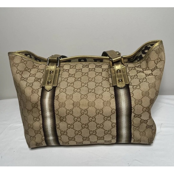 GUCCI Sherry Line Auth GG Pattern Gold Beige Canvas Leather Shoulder Tote Bag - Picture 2 of 16
